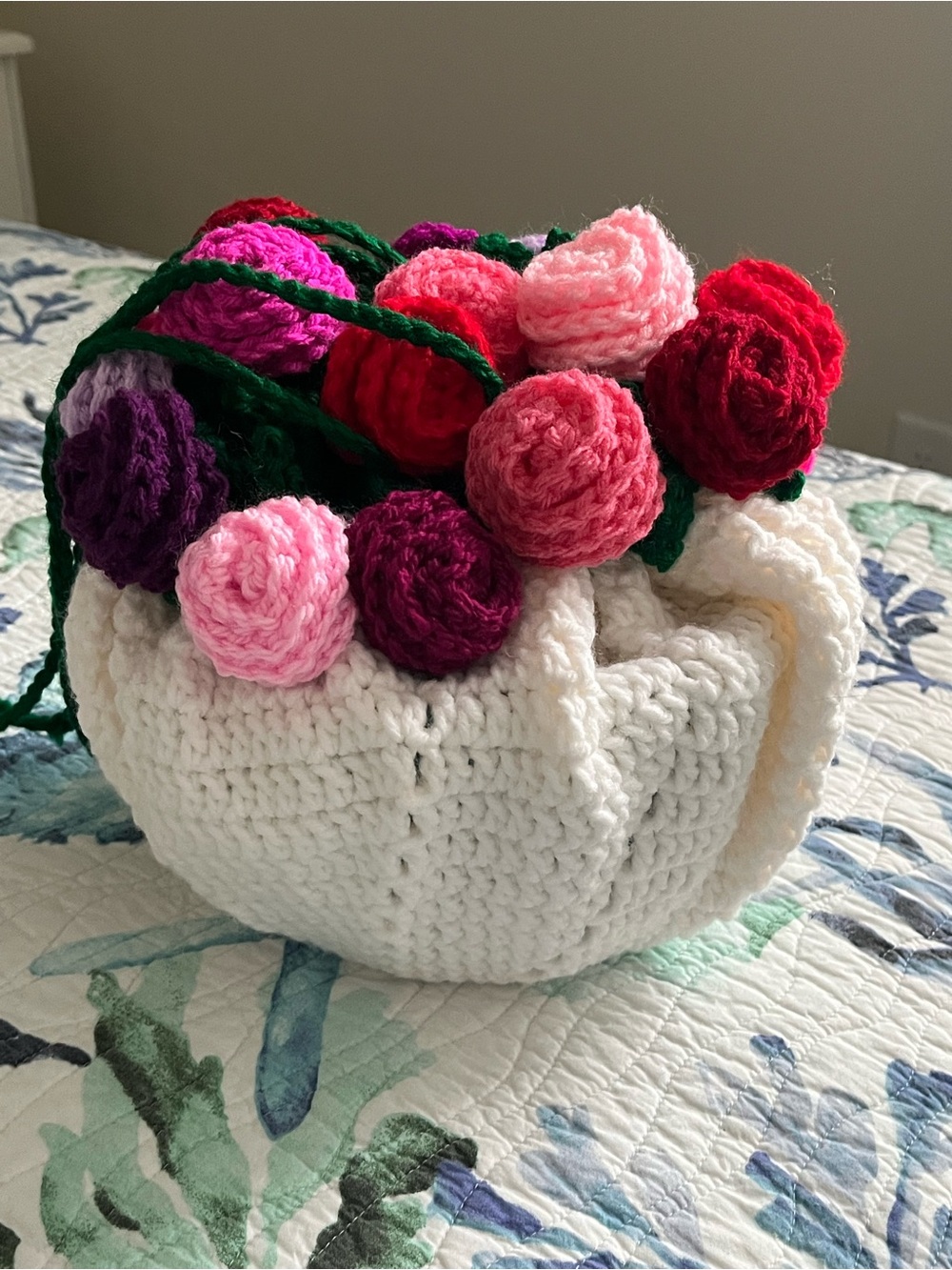 Handmade Crocheted Bouquet Drawstring Purse- Off-white with Pink, & Red Flowers